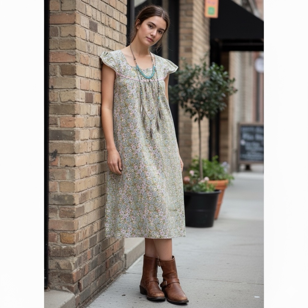 Vintage Floral Cotton Nightgown Dress w/ Cap Sleeves - Small